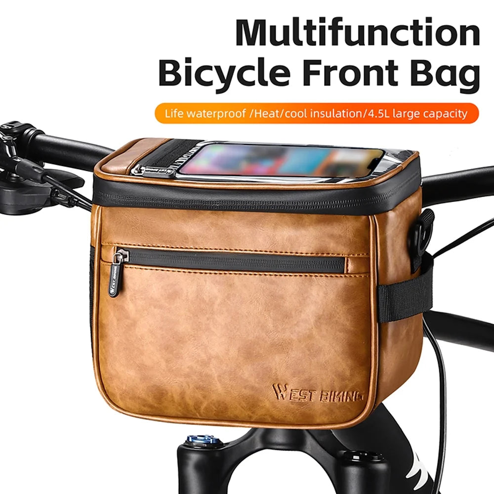 Waterproof PU Leather Bike Front Bag with Touchscreen Phone Holder F889