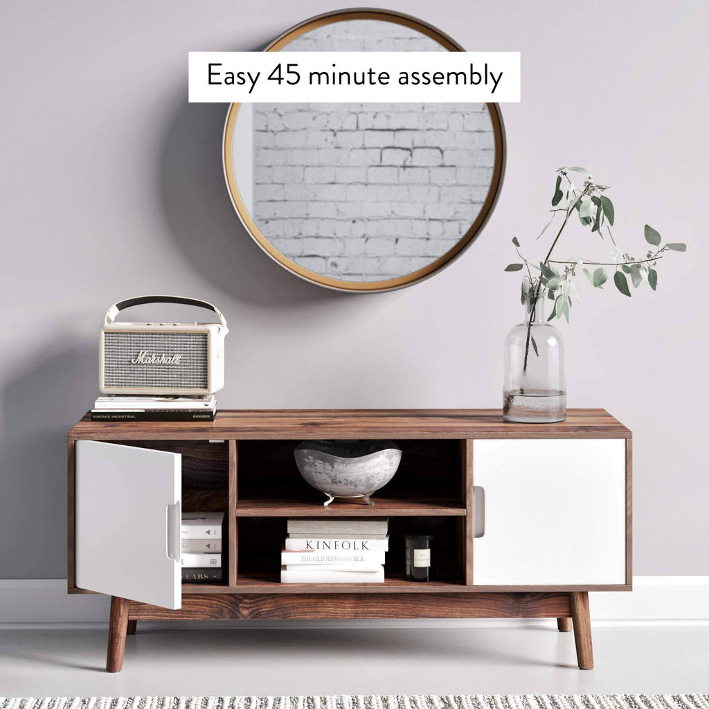 Brown Scandinavian TV Stand with White Cabinet Doors R7484