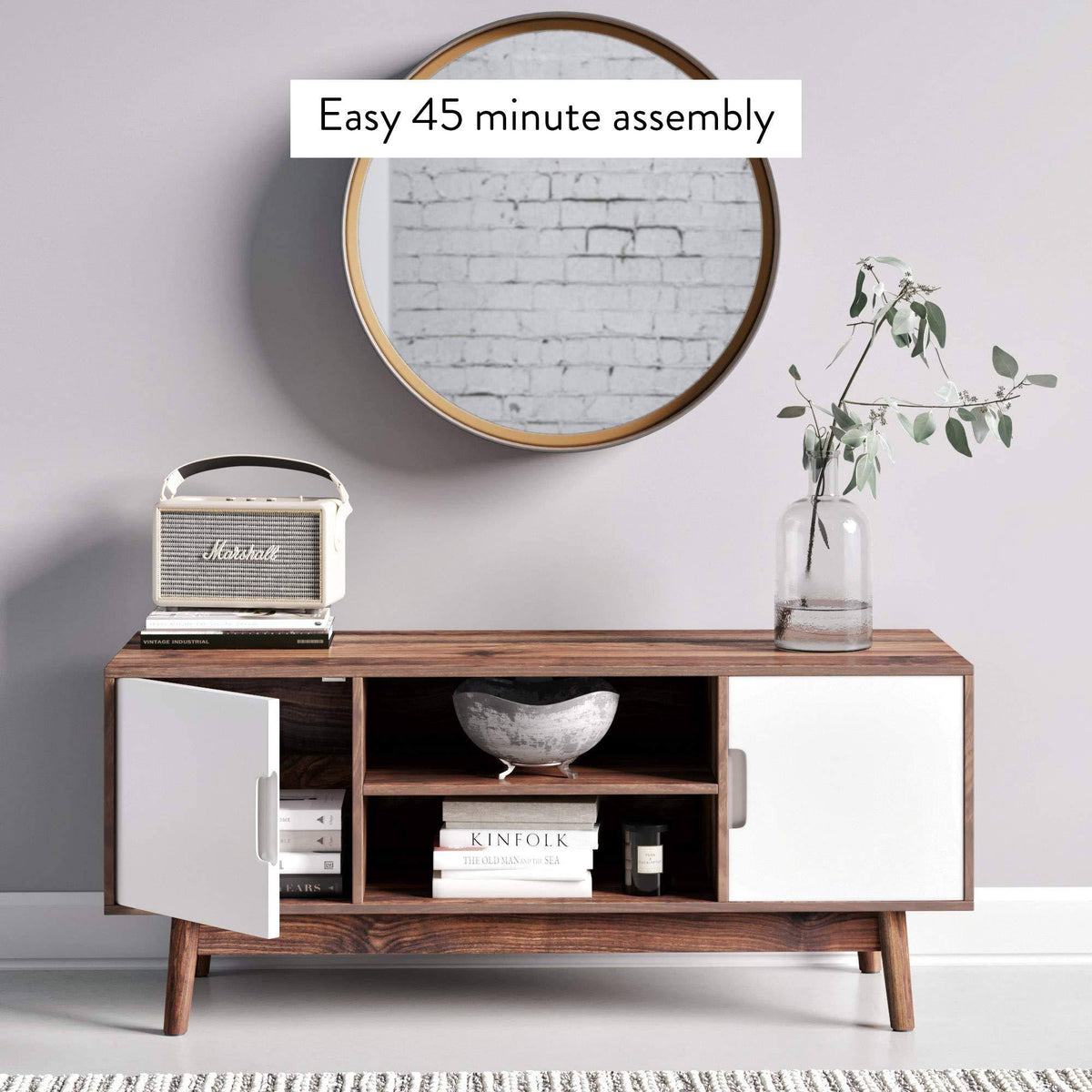 Brown Scandinavian TV Stand with White Cabinet Doors R7484