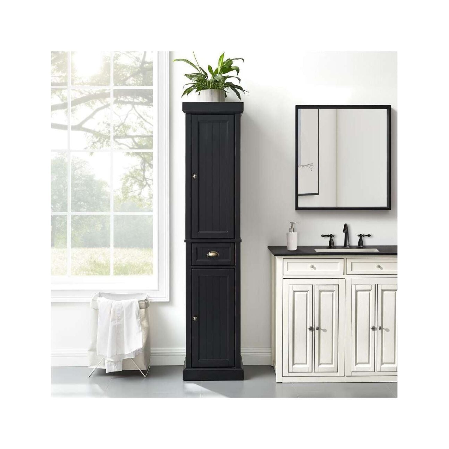 Distressed Black Wood Linen Cabinet E8058