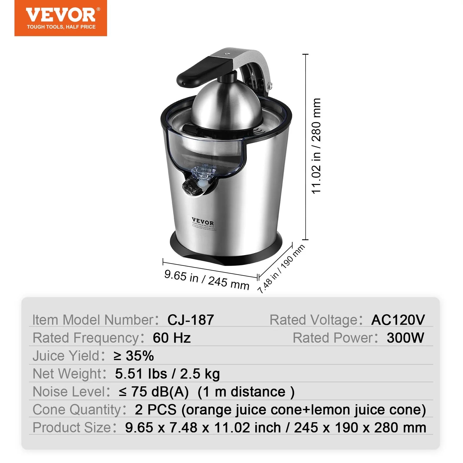 Electric Citrus Juicer with Two Size Juicing Cones, 300W Stainless Steel V931