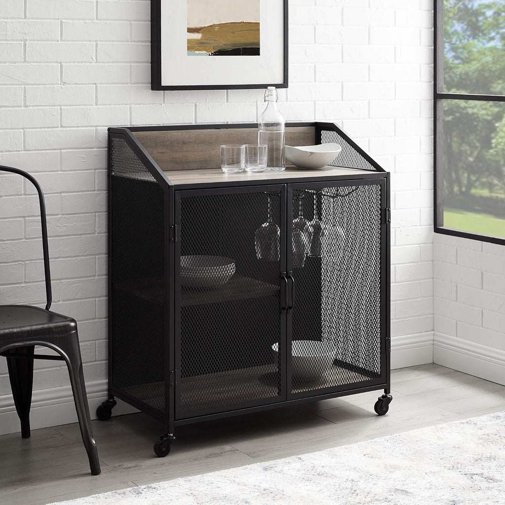 Rustic Oak Metal Mesh Double Door Rolling Bar Cabinet W64813