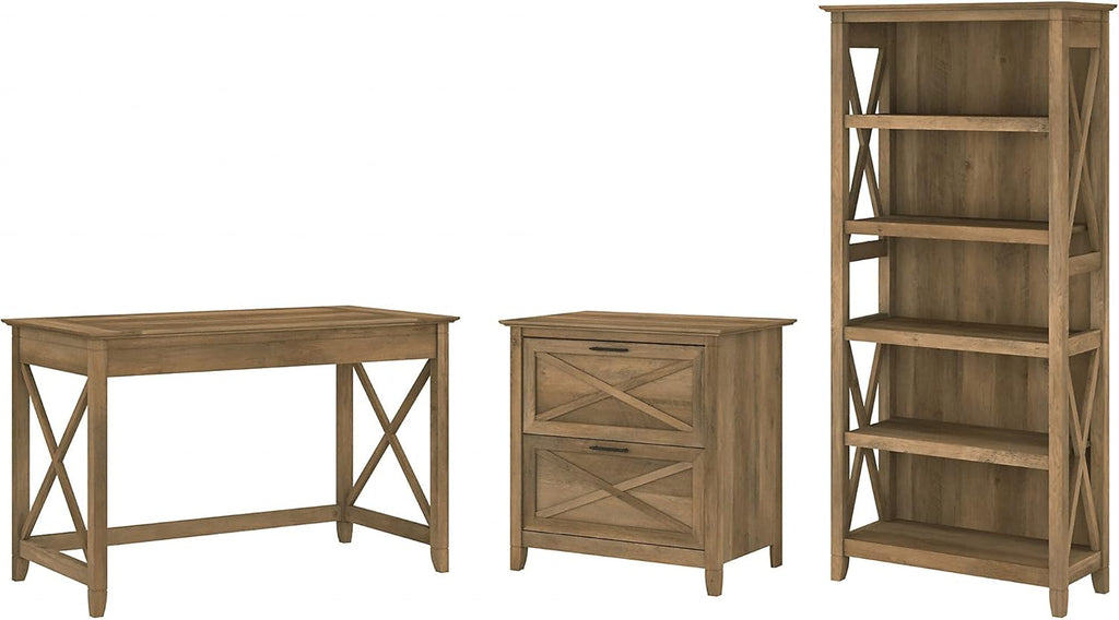 48W Cape Cod Gray Writing Desk with 2 Drawer File Cabinet and 5 Shelf Bookcase E4734