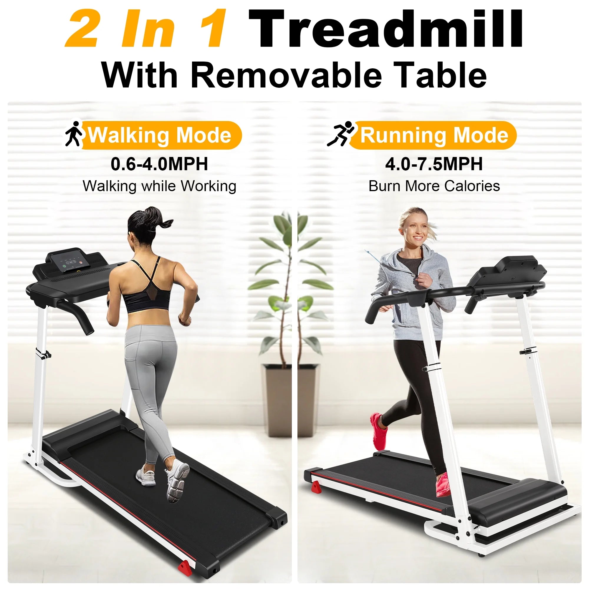 White Folding Treadmill with Removable Tabletop and Incline A856
