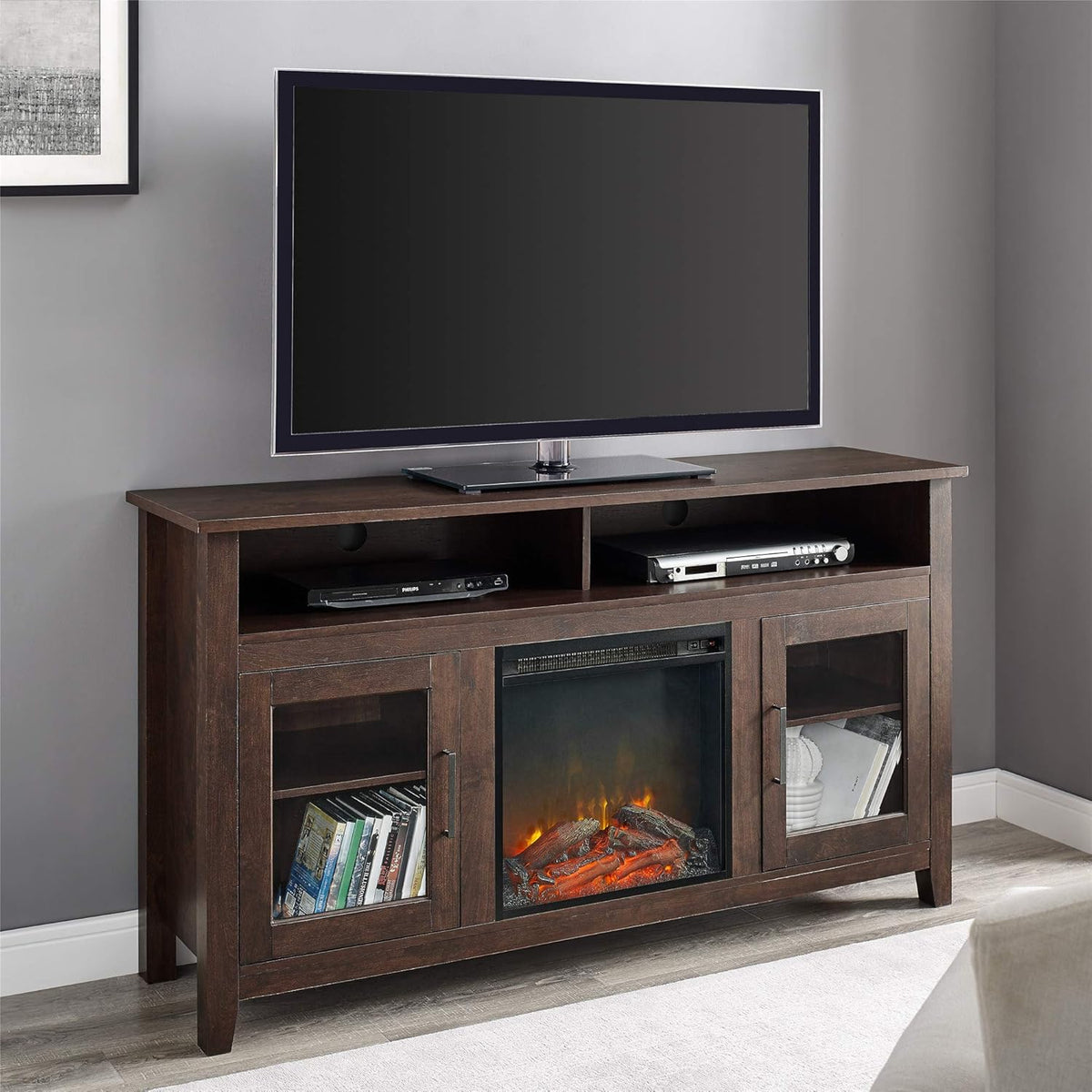 Rustic Wood and Glass Fireplace TV Stand, 58 Inch, Traditional Brown Y2622