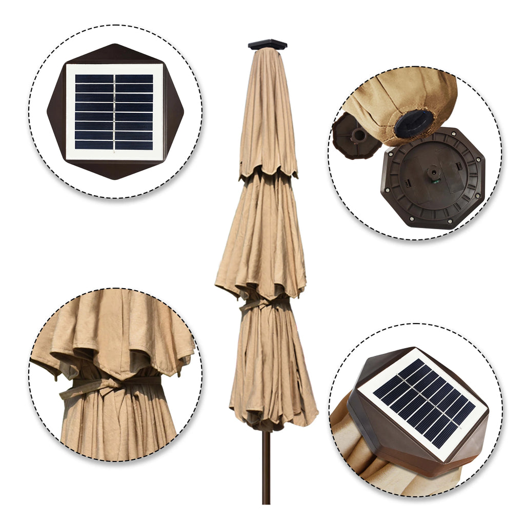 Tan 9ft 3 Tiers Market Umbrella with 80 LED Lights I16411