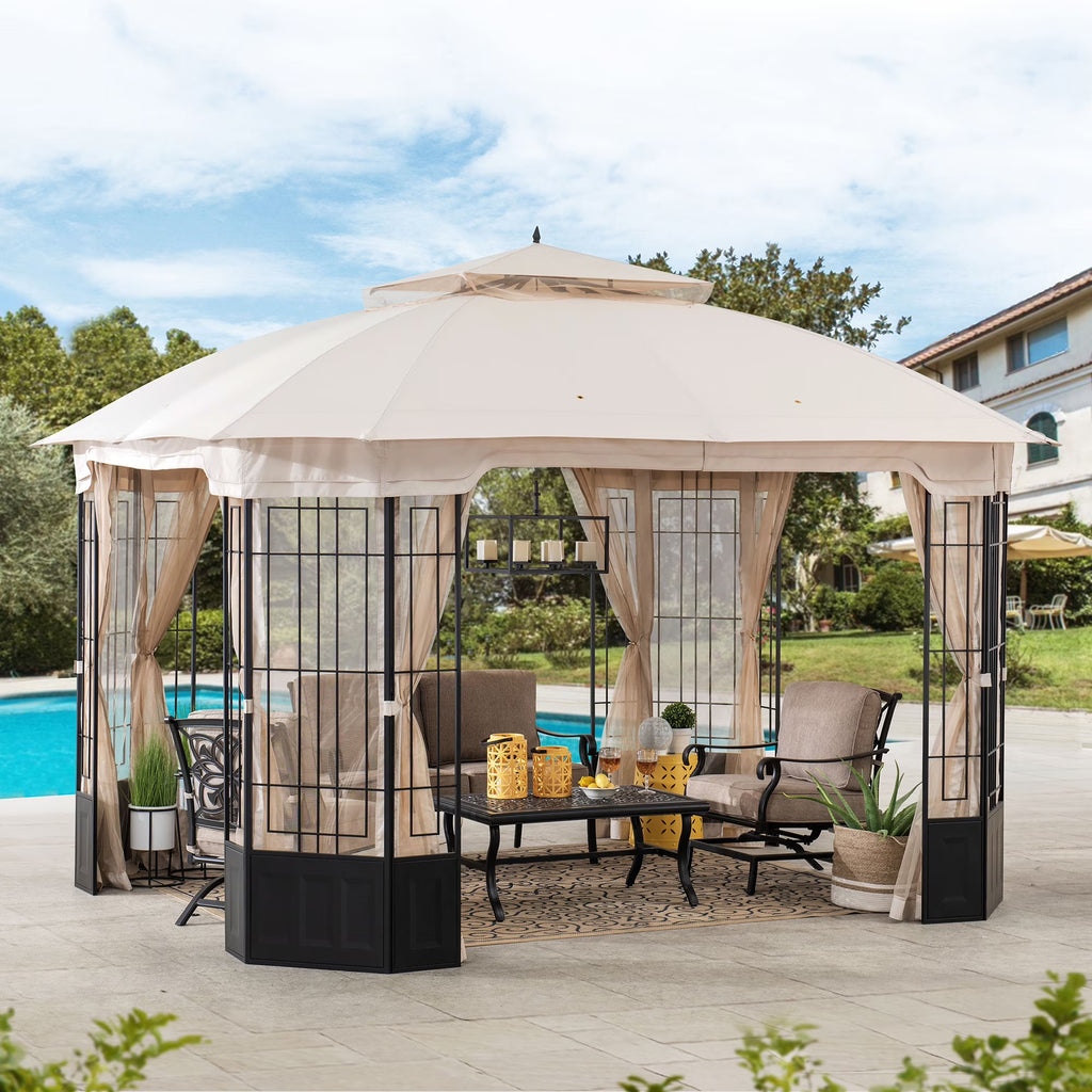 Black Steel Frame 2-Tier Soft Top Octagon Gazebo with Beige Canopy and Mosquito Netting L183829