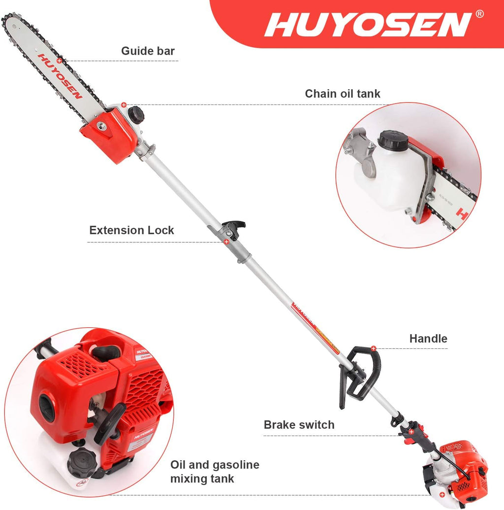 Gas Pole Saw 45CC 2-Cycle 8.2 FT to 11.4 FT Extension 5 in 1 Weeder Eater Hedge Trimmer Chainsaw Brush Cutter 3T Blade Z4611