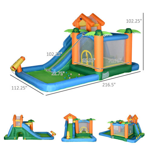 Inflatable Water Park with Blower, 6-in-1 Water Slide Jumping Castle F205990