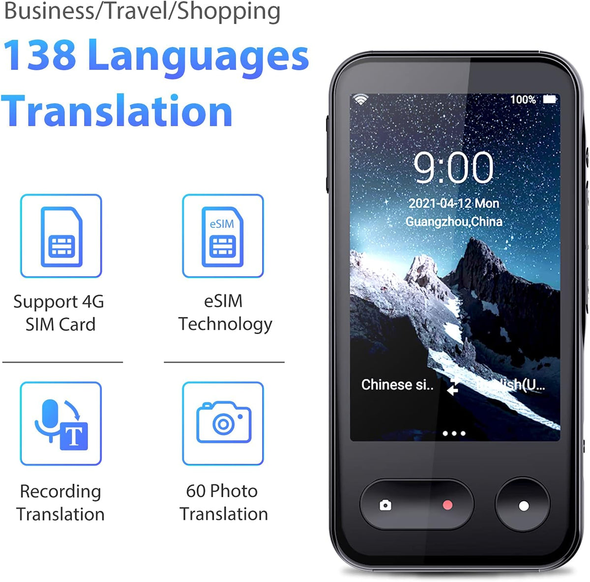 Black 138 Language Voice Translator with 4G SIM Card and Camera X42854