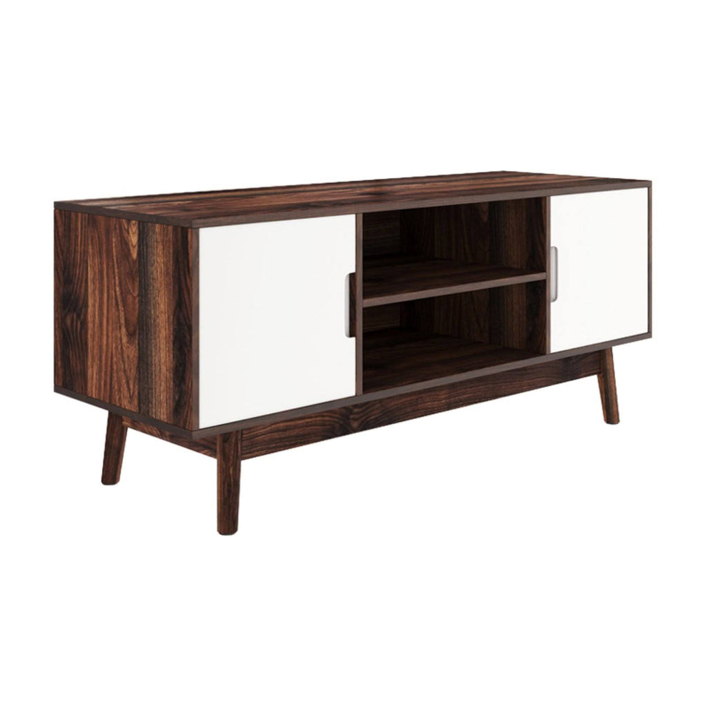 Brown Scandinavian TV Stand with White Cabinet Doors R7484