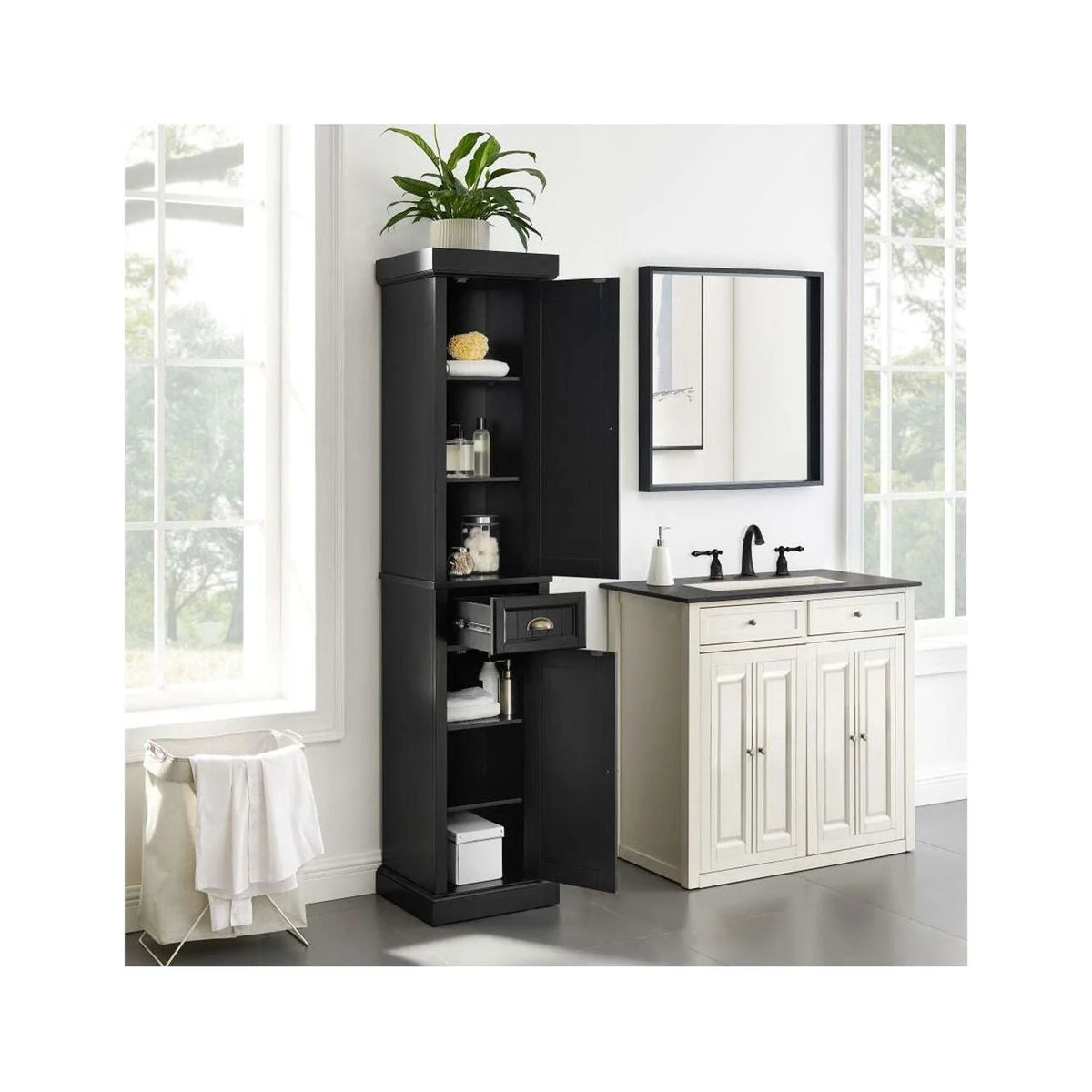Distressed Black Wood Linen Cabinet E8058