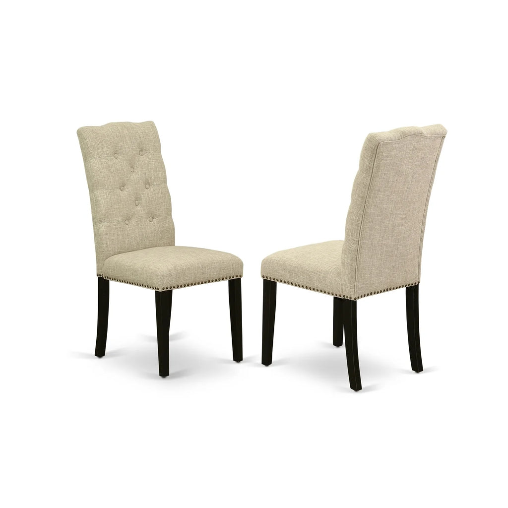 6-Pc Dining Chairs with Doeskin Linen Fabric Seat and Button Tufted Chair Back, Bench and Mid Century Dining Table with Wood Legs O402