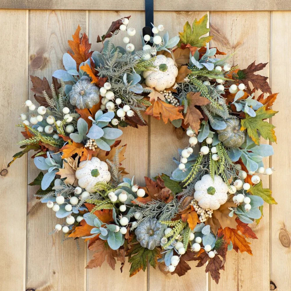 18" Artificial Fall Wreath with Pumpkins Berry Maples Leaves E16040