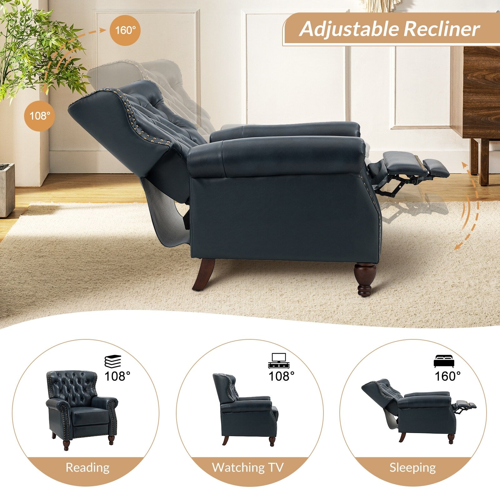Navy Genuine Leather Tufted Manual Recliner Set of 2 J38706
