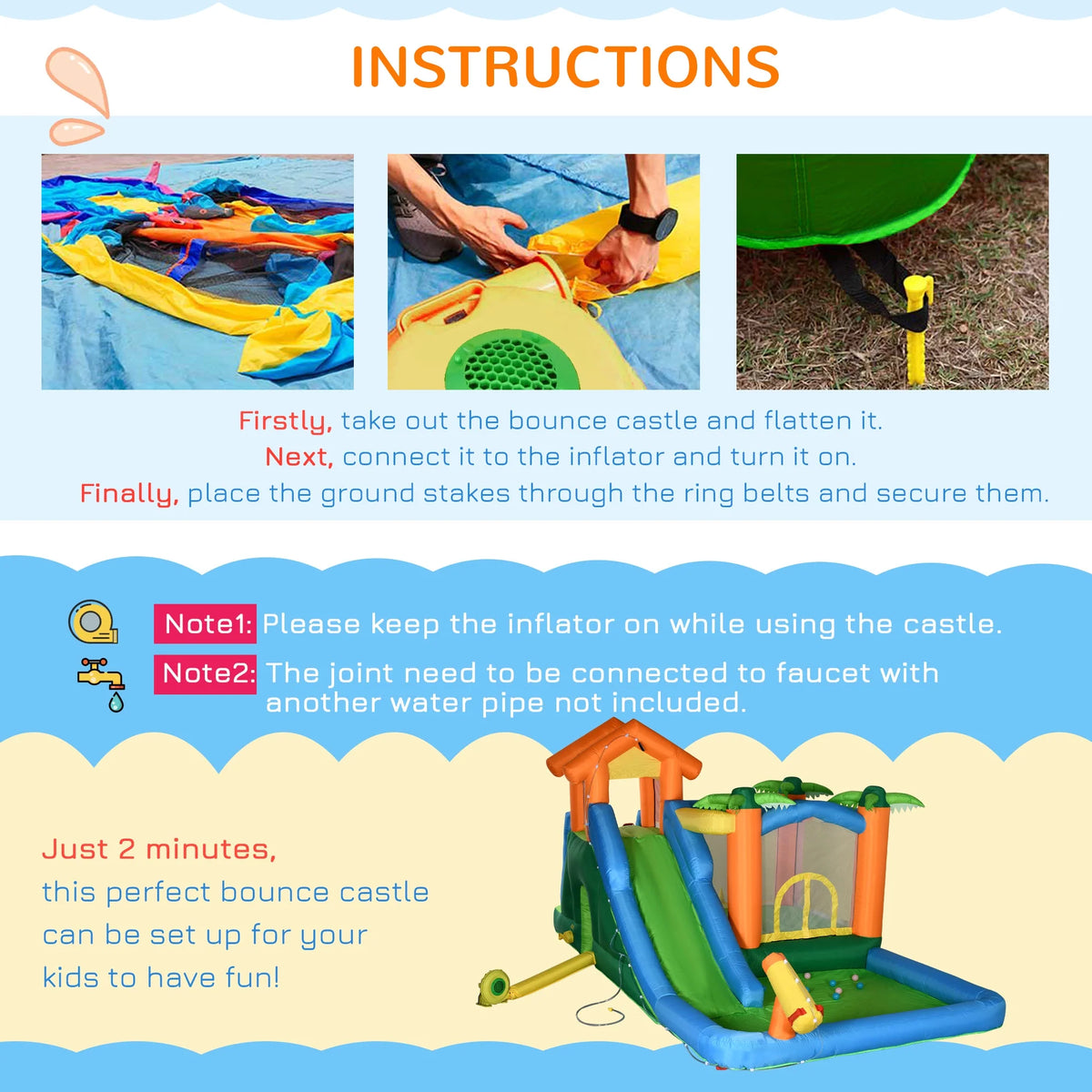 Inflatable Water Park with Blower, 6-in-1 Water Slide Jumping Castle F205990