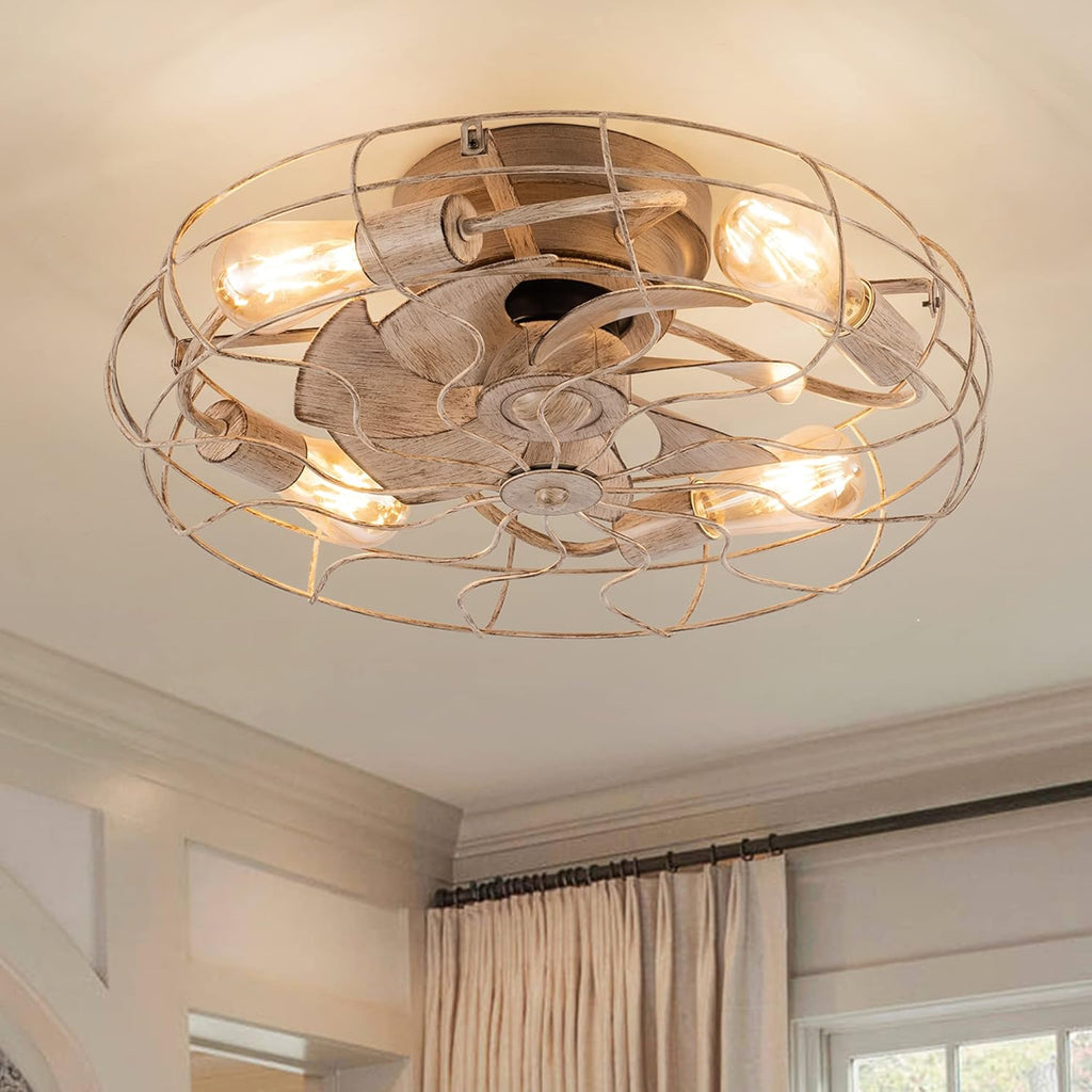 White Bladeless Caged Ceiling Fan with Lights Remote Control G344