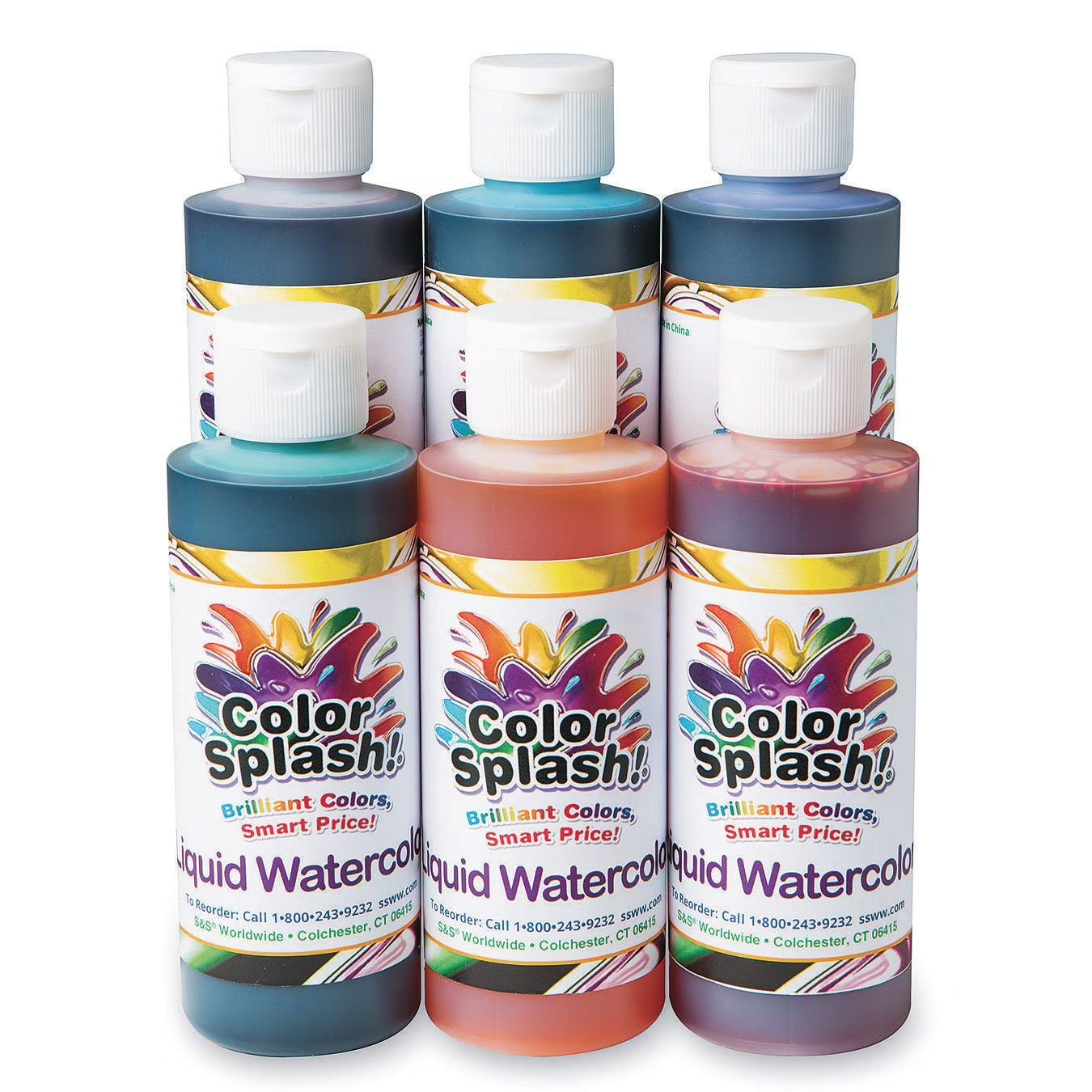 6 Vivid Colors Liquid Watercolor Paint, 8-oz Flip-Top Bottles, Non-Toxic, Pack of 6 F800