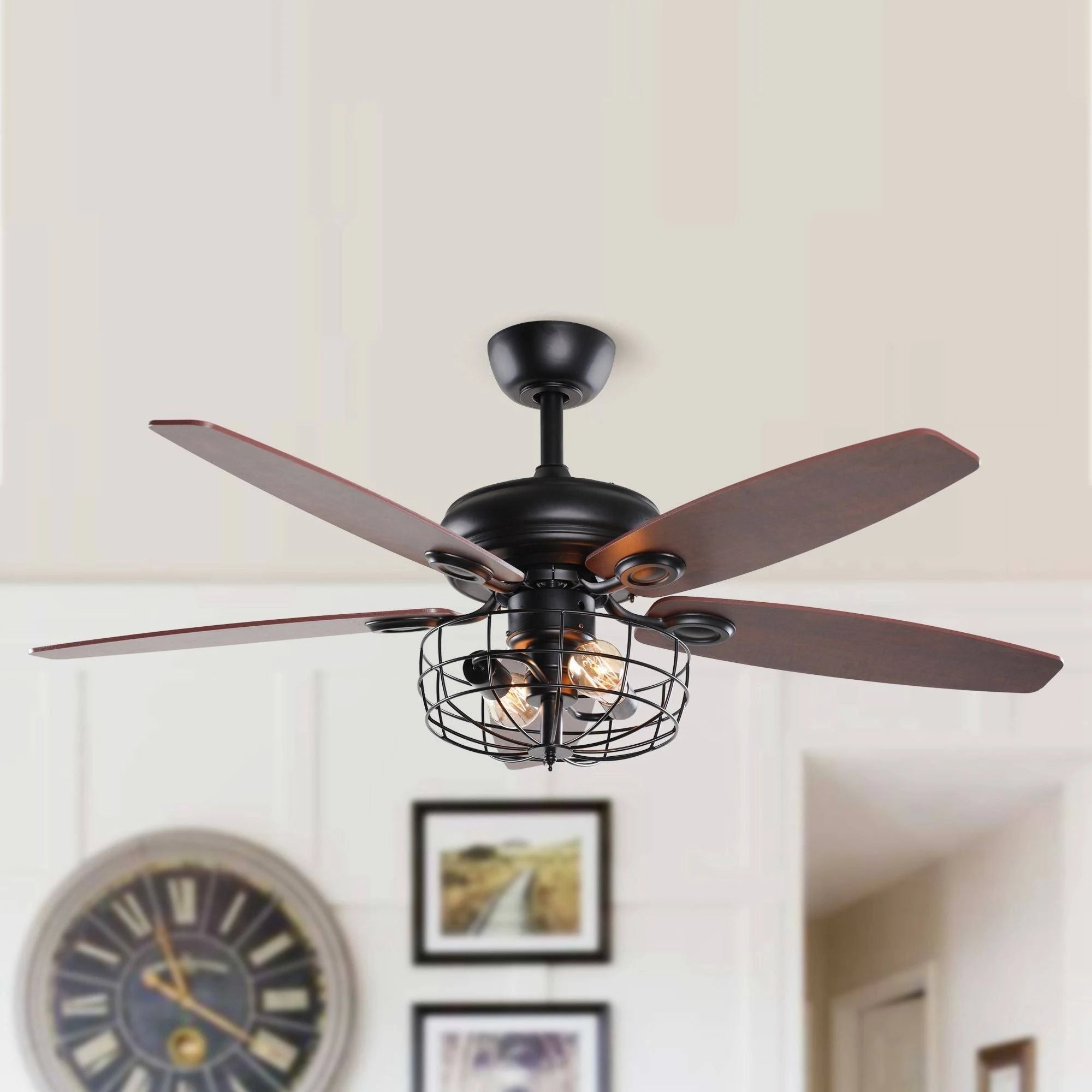 Black Metal Caged Ceiling Fan with Light Kit C606529