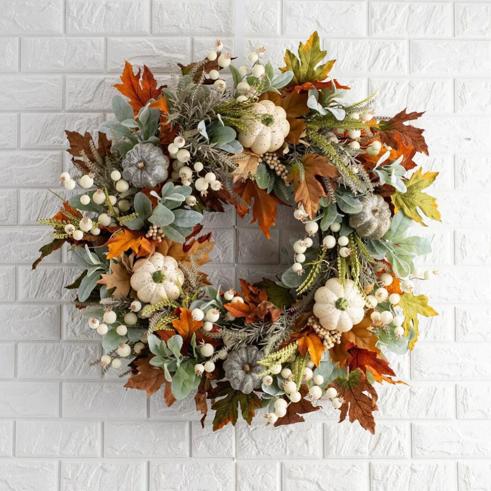 18" Artificial Fall Wreath with Pumpkins Berry Maples Leaves E16040