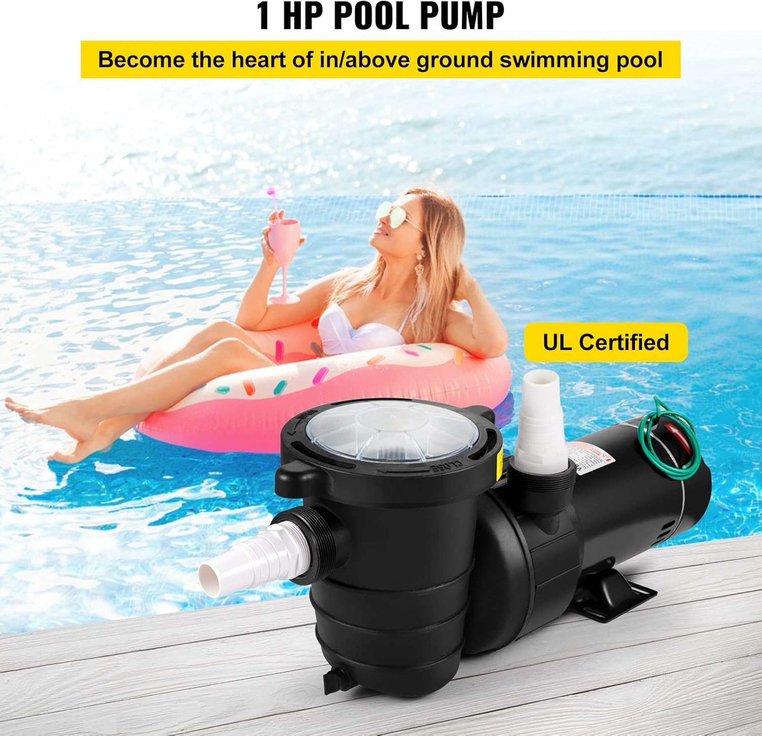1HP 110V 5220GPH Self-priming Swimming Pool Pump with Strainer Basket and 2pcs 1-1/2'' NPT Connectors K7717