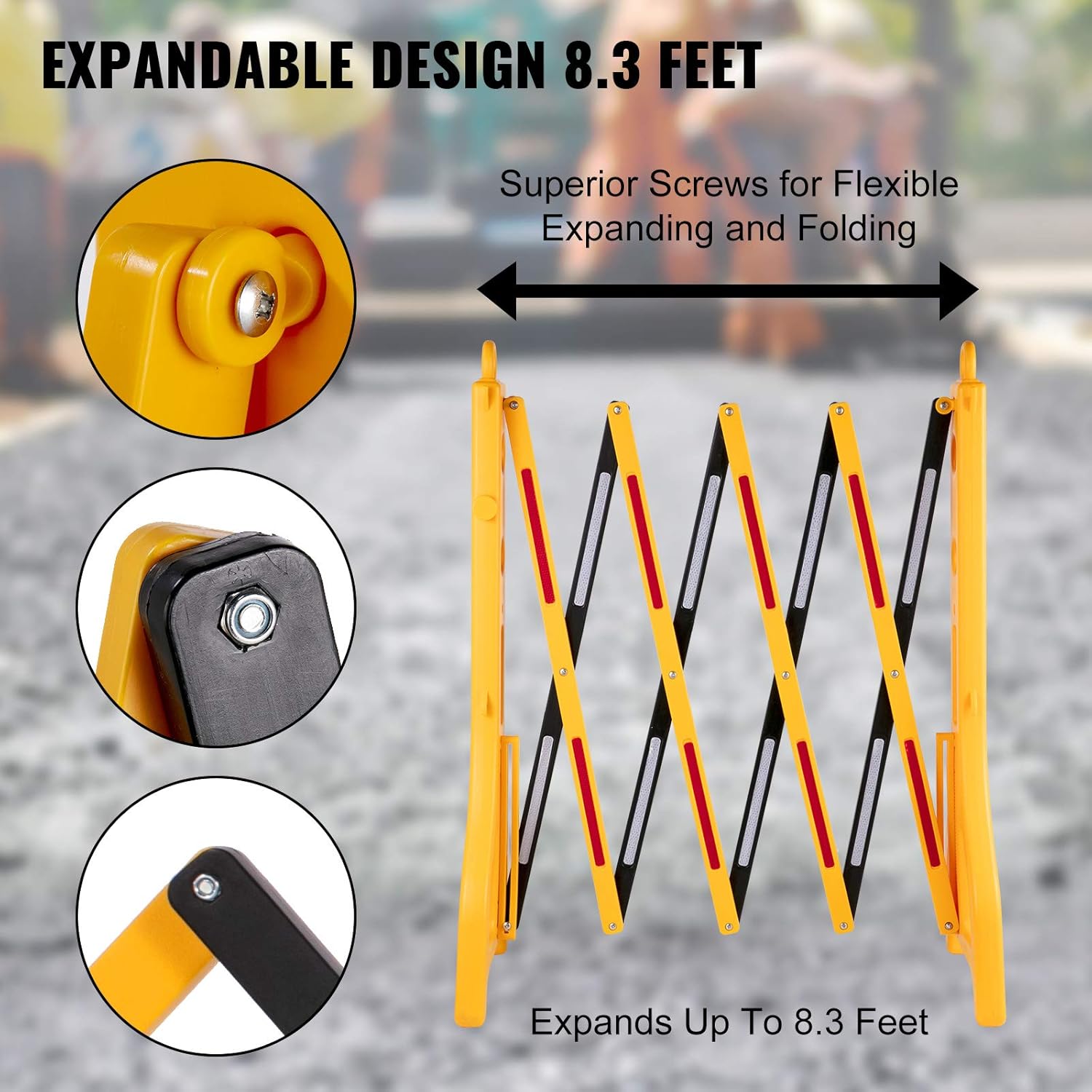 Expandable Mobile Plastic Safety Barricade 8.3ft Width 38” Height with Reflectors with 1 Chain N14036
