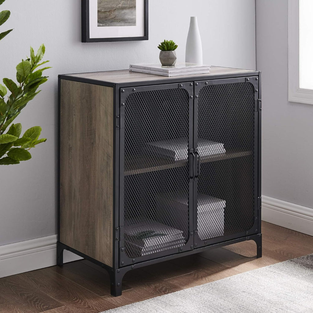 Rustic Oak Metal Mesh Double Door Rolling Bar Cabinet W64813