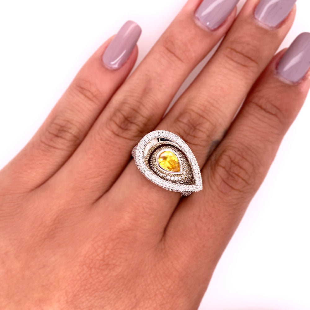 Pear Cut Fancy Yellow Engagement Ring Rhodium Plated Sterling Silver Ring A85171