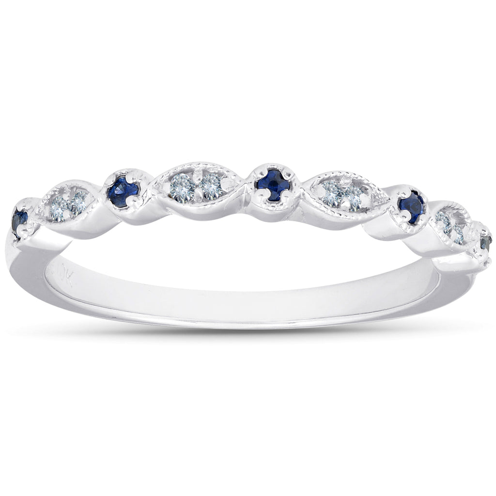 1/5 ct Blue Sapphire & Diamond Wedding Ring Stackable Band 10k White Gold D68688