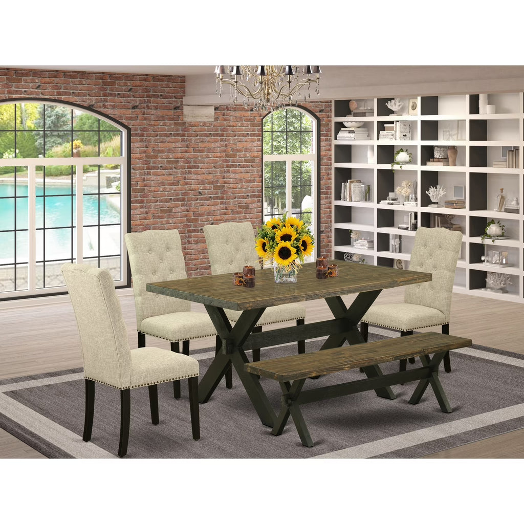 6-Pc Dining Chairs with Doeskin Linen Fabric Seat and Button Tufted Chair Back, Bench and Mid Century Dining Table with Wood Legs O402