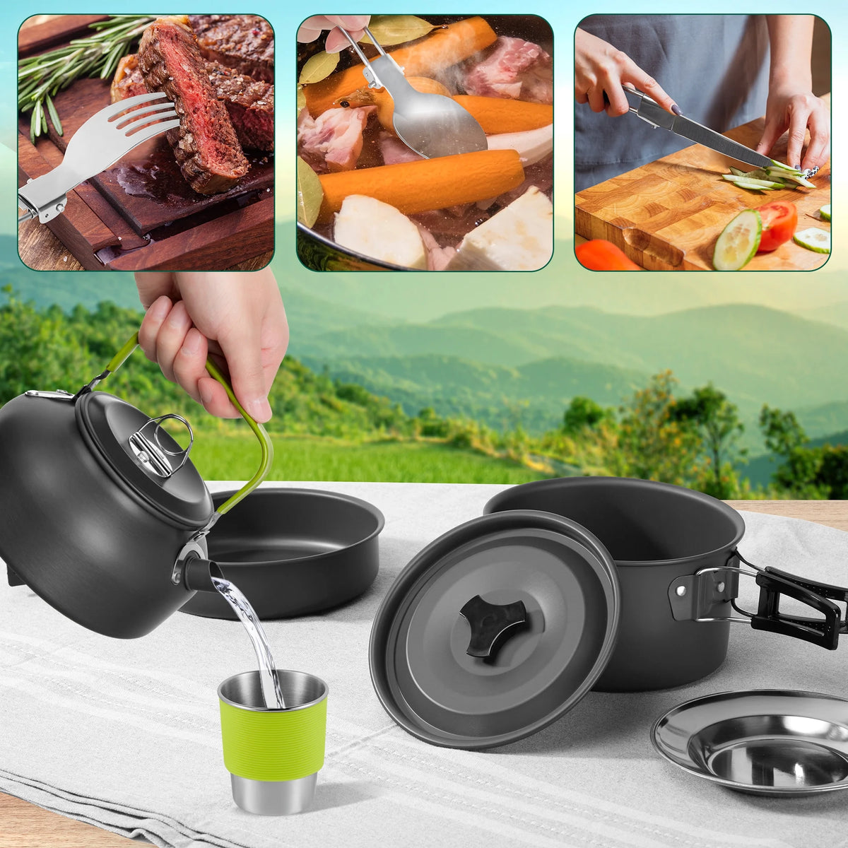 19pcs Non-Stick Camping Cookware Mess Kit with Stainless Steel Cups Plates Forks Knives Spoons E5246