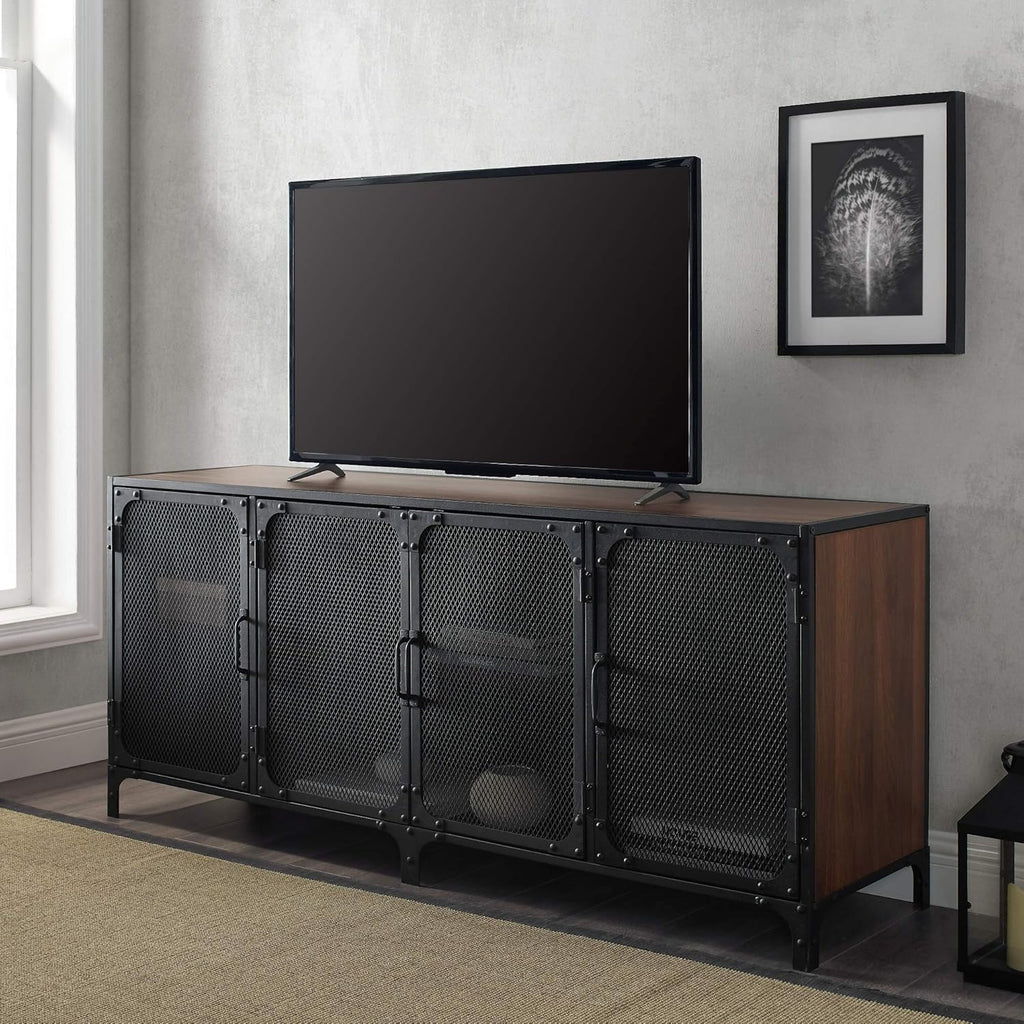 Rustic Oak Metal Mesh Double Door Rolling Bar Cabinet W64813