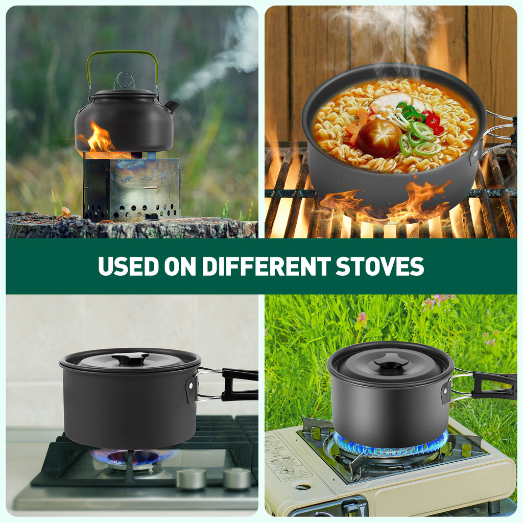 19pcs Non-Stick Camping Cookware Mess Kit with Stainless Steel Cups Plates Forks Knives Spoons E5246