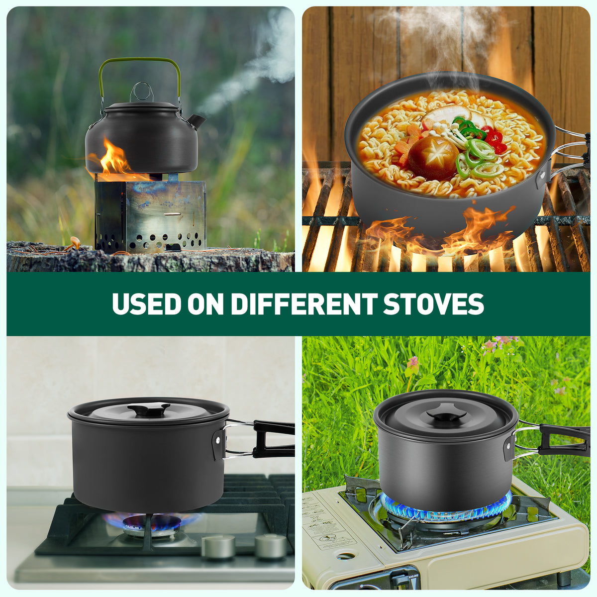 19pcs Non-Stick Camping Cookware Mess Kit with Stainless Steel Cups Plates Forks Knives Spoons E5246
