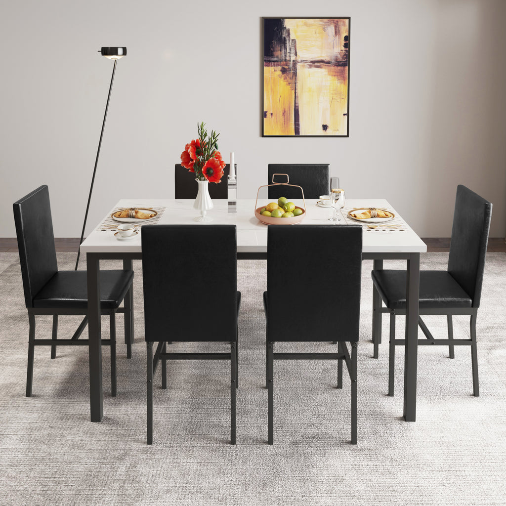 7 Piece Marble Dining Table and 4 PU Leather Upholstered Chairs Set K792933
