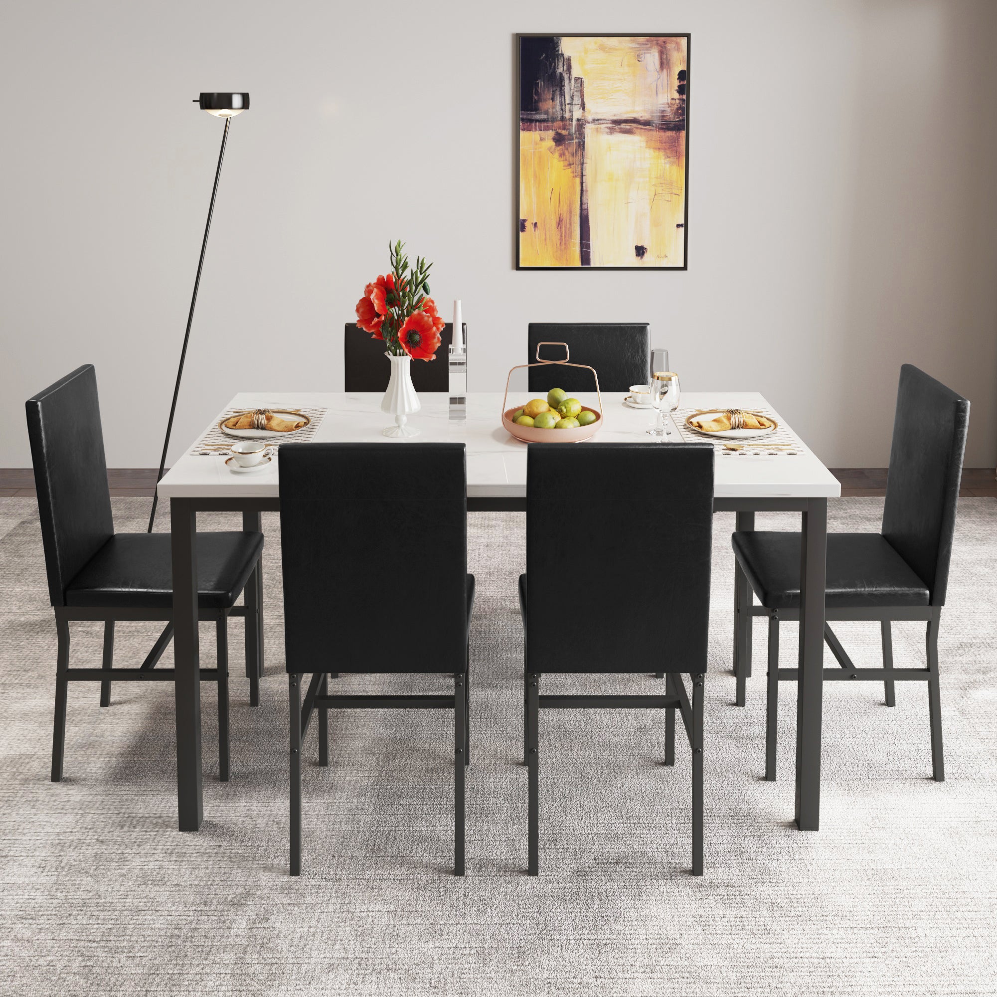 7 Piece Marble Dining Table and 4 PU Leather Upholstered Chairs Set K792933