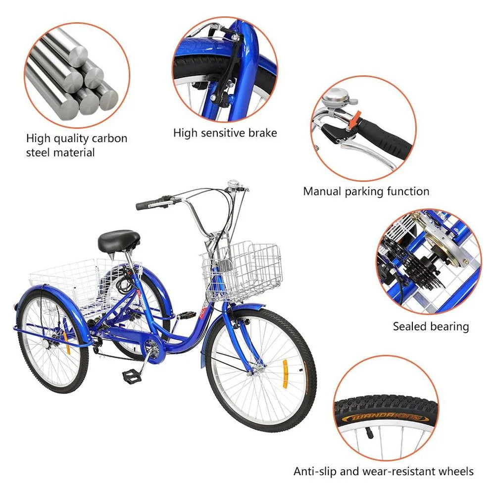 Adult Tricycle 24" Wheels 7 Speed Blue K851495