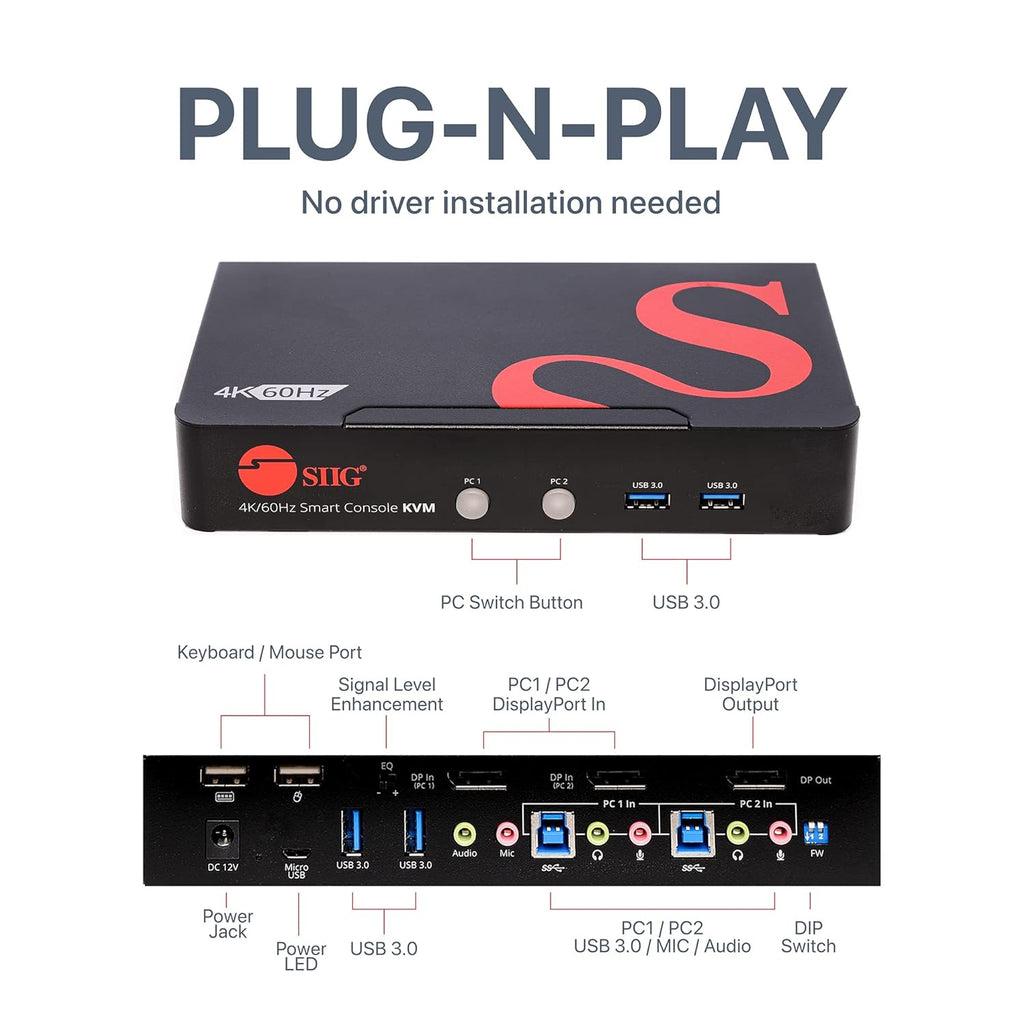 4K DisplayPort KVM Switch with Audio and Microphone, USB 3.0 x4, USB 2.0 x2, Cables Included, Metal Housing Z534126