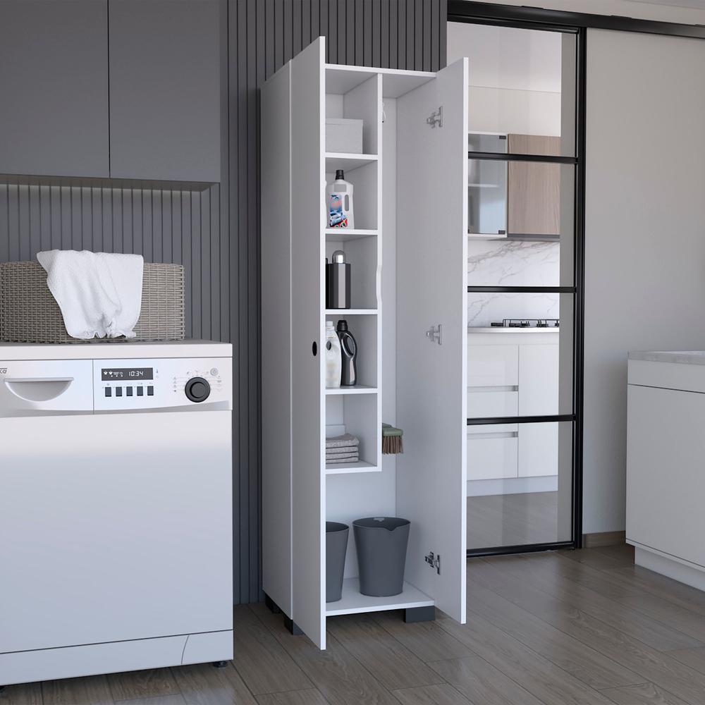 White Double-Door Broom Cabinet with Inner Shelves and Side Hangers H258