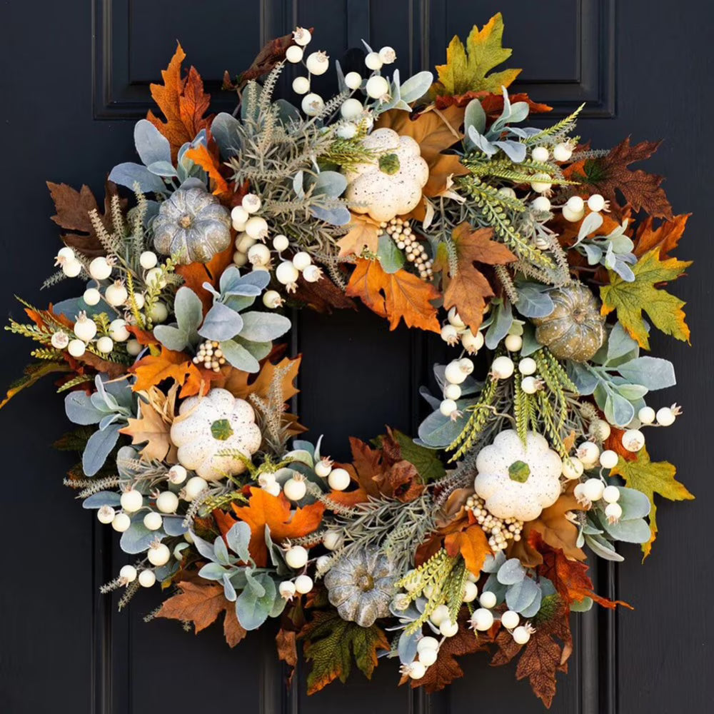 18" Artificial Fall Wreath with Pumpkins Berry Maples Leaves E16040