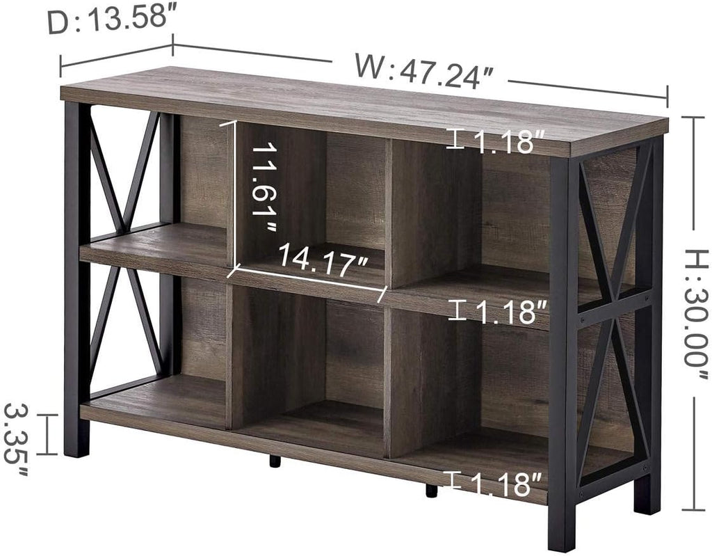 Rustic 6 Cube Storage Organizer with Shelf, Wood and Metal Cubby Bookcase, Industrial Horizontal Bookshelf G65290