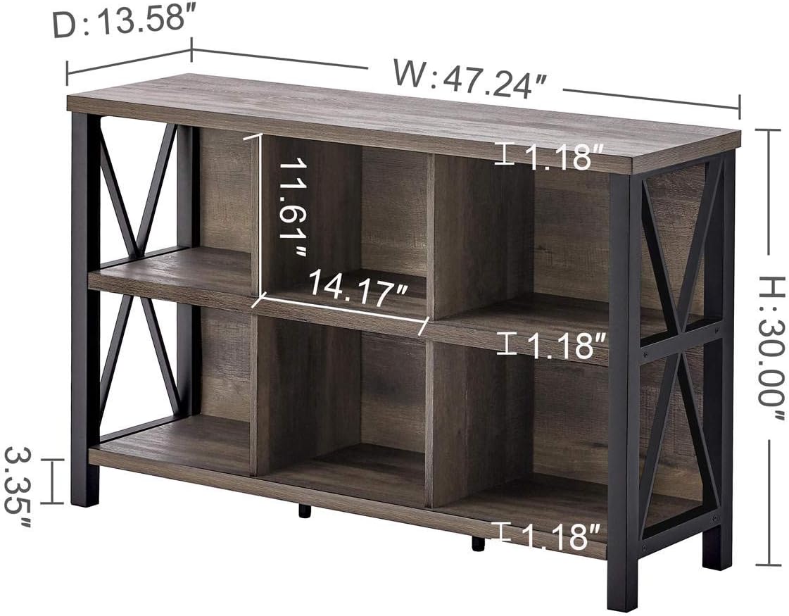 Rustic 6 Cube Storage Organizer with Shelf, Wood and Metal Cubby Bookcase, Industrial Horizontal Bookshelf G65290
