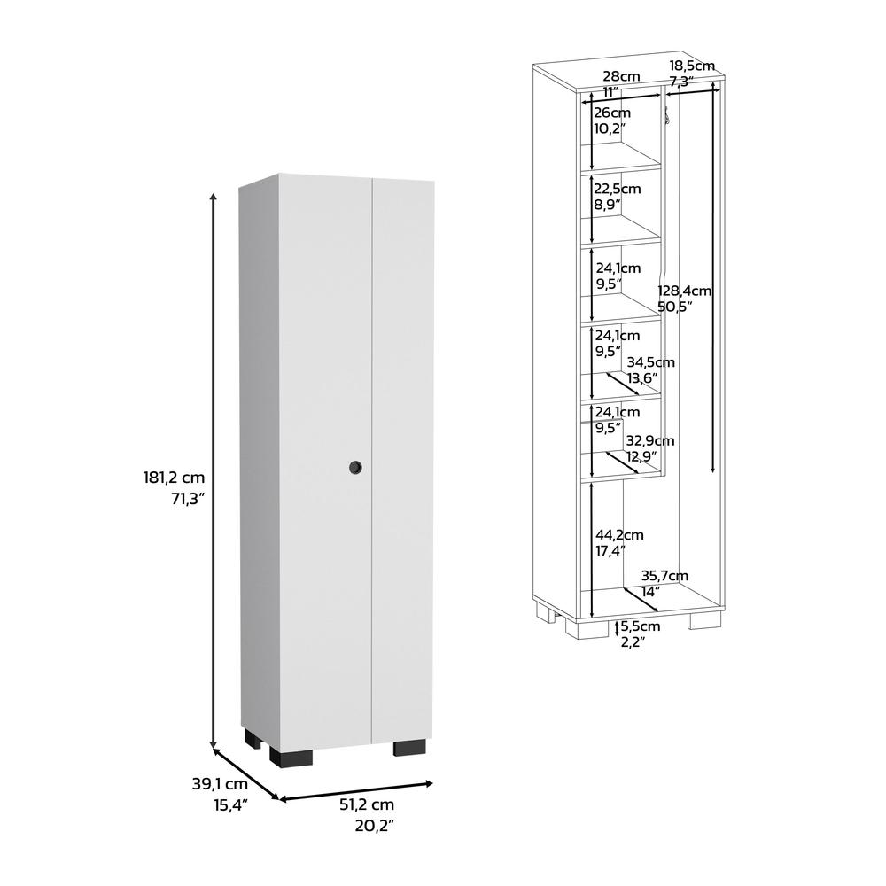 White Double-Door Broom Cabinet with Inner Shelves and Side Hangers H258