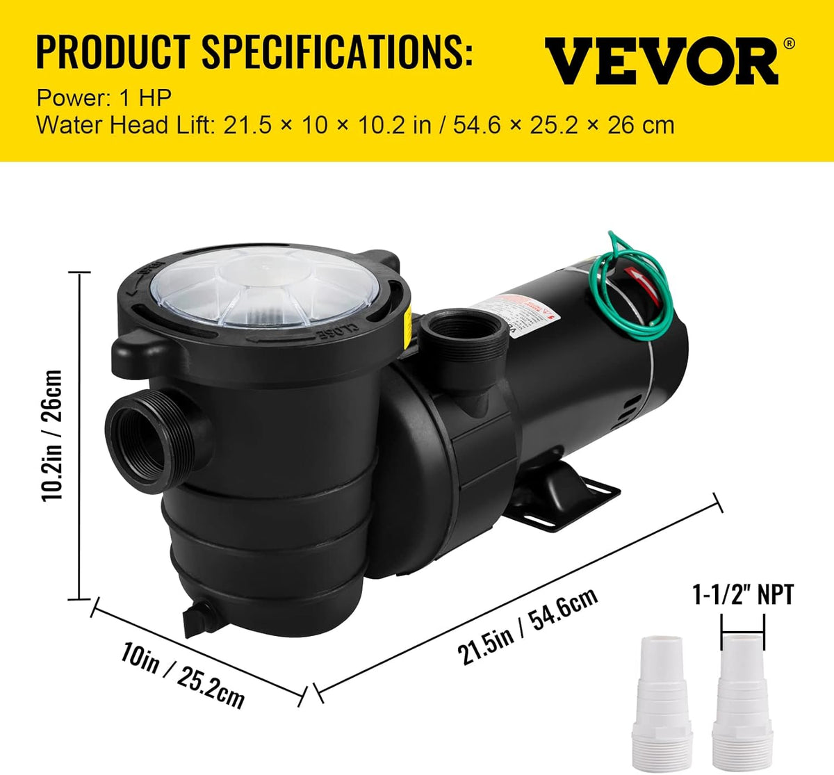 1HP 110V 5220GPH Self-priming Swimming Pool Pump with Strainer Basket and 2pcs 1-1/2'' NPT Connectors K7717