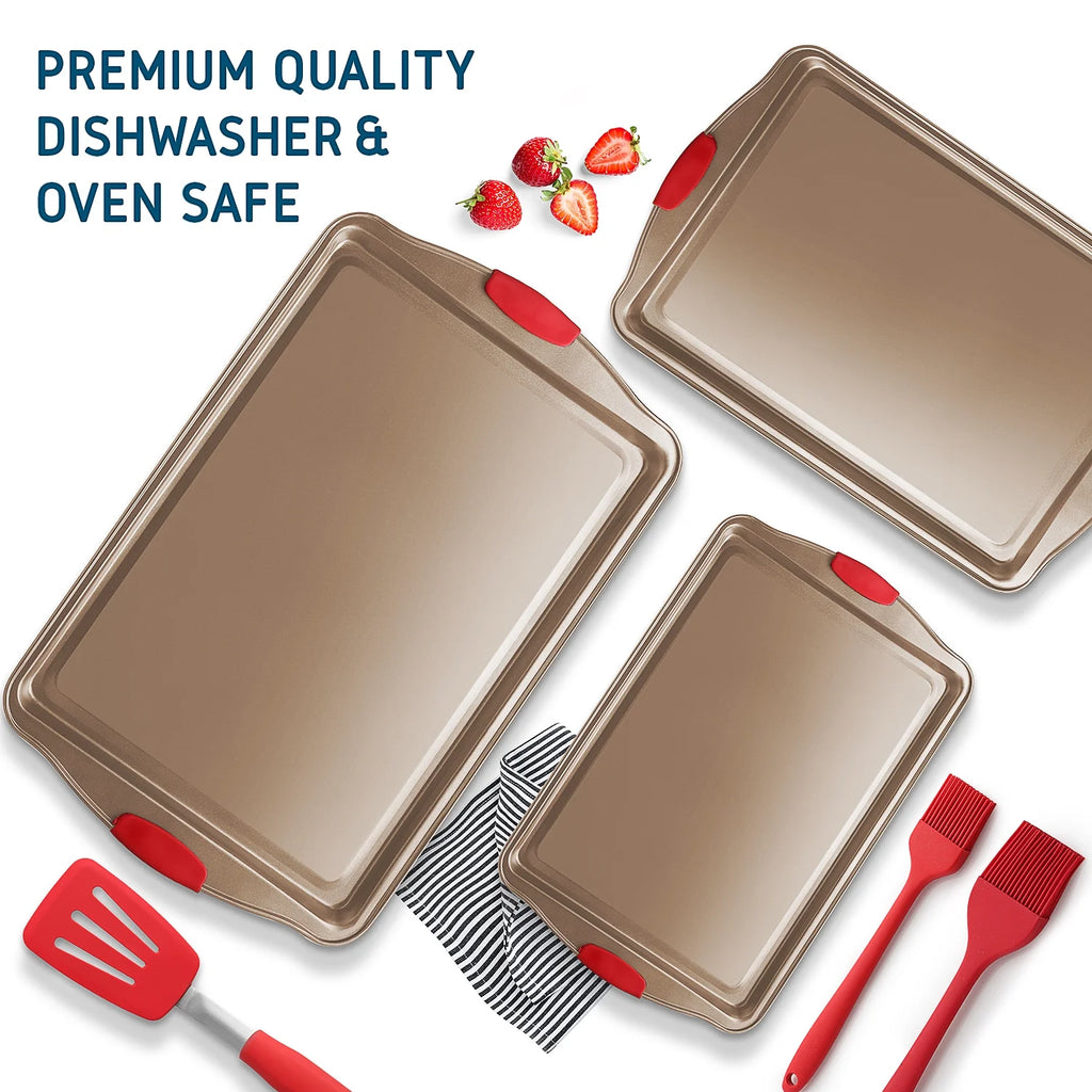 6pc Nonstick Baking Pan Sheet Set with Red Silicone Handles S929