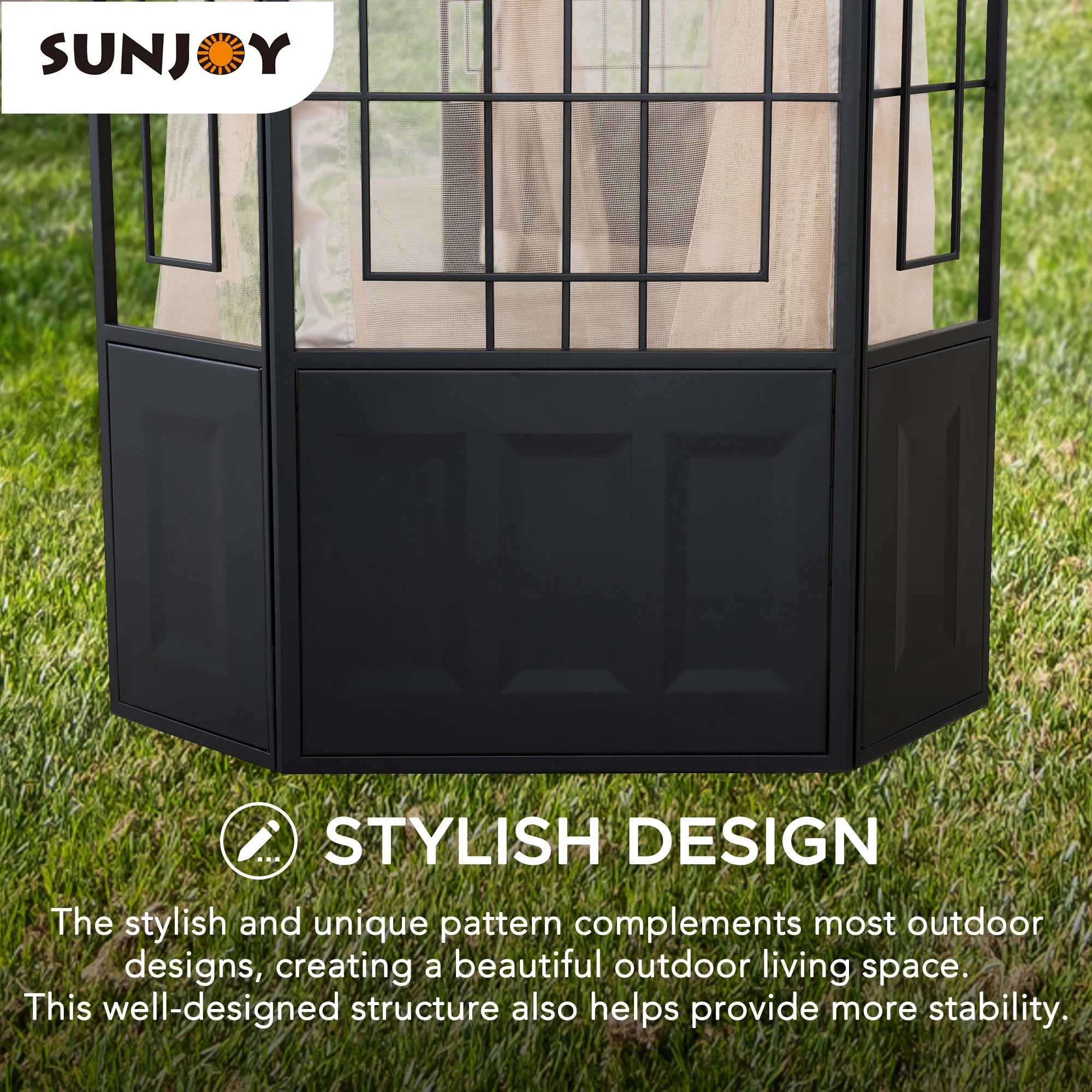 Black Steel Frame 2-Tier Soft Top Octagon Gazebo with Beige Canopy and Mosquito Netting L183829