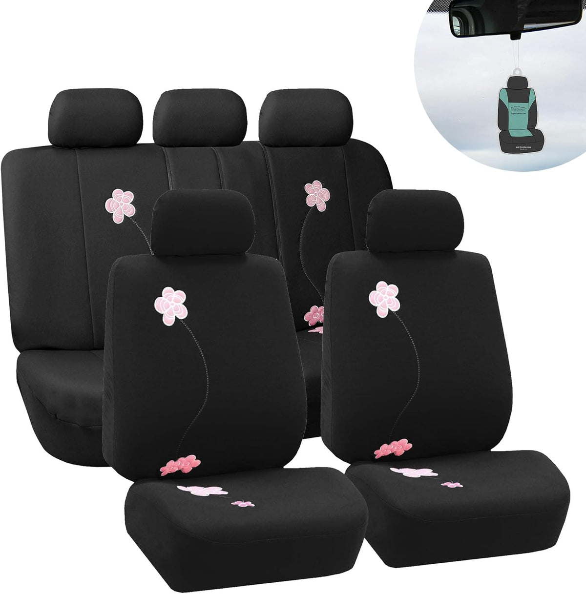 Black Floral Embroidery Car Seat Covers Full Set H38153