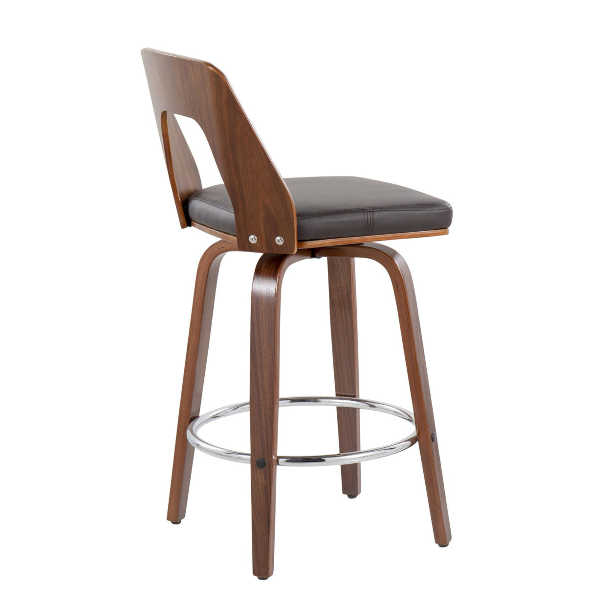 Mid-Century Modern Counter Stool In Walnut And Brown Faux Leather - Set Of 2 H98815