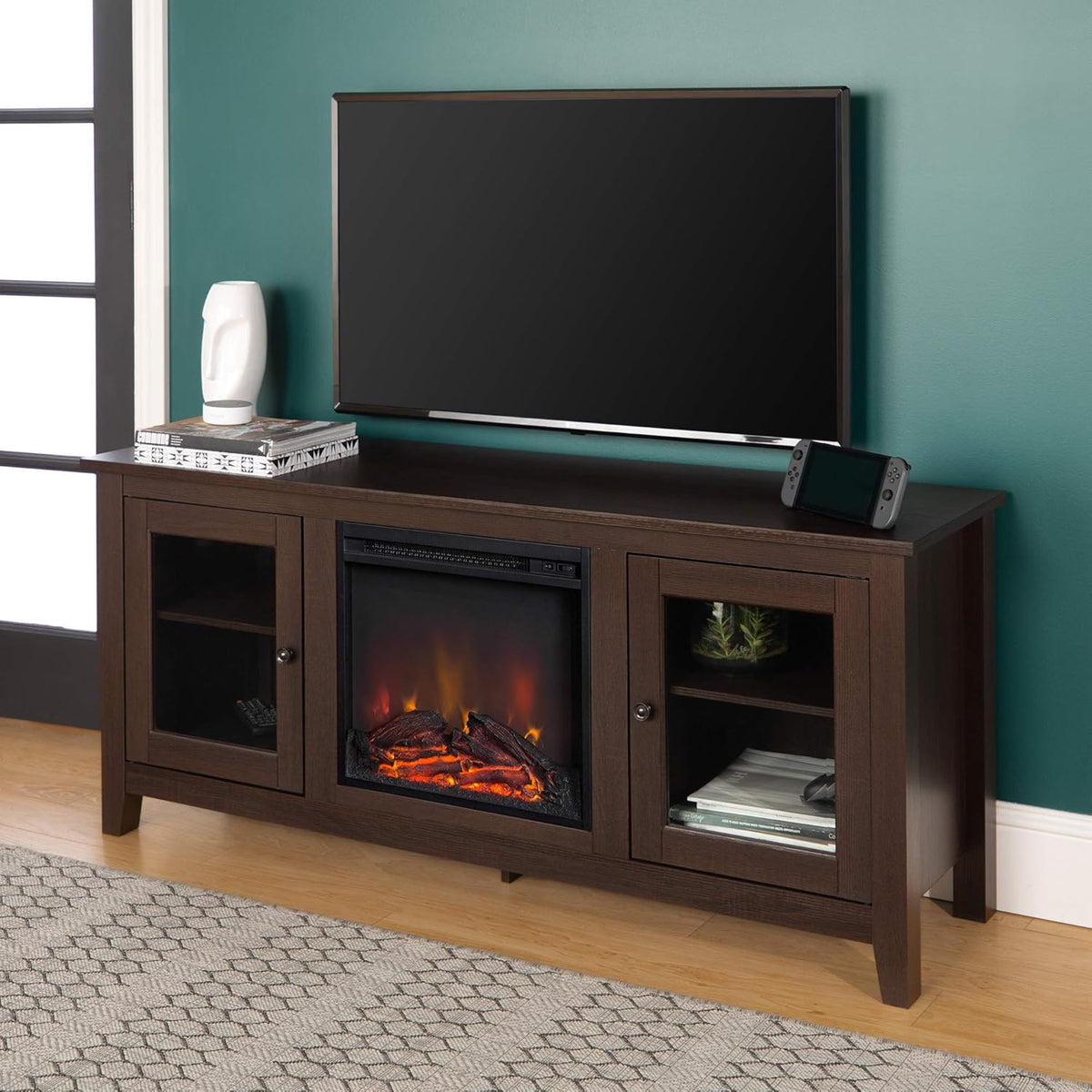 Rustic Wood and Glass Fireplace TV Stand, 58 Inch, Traditional Brown Y2622