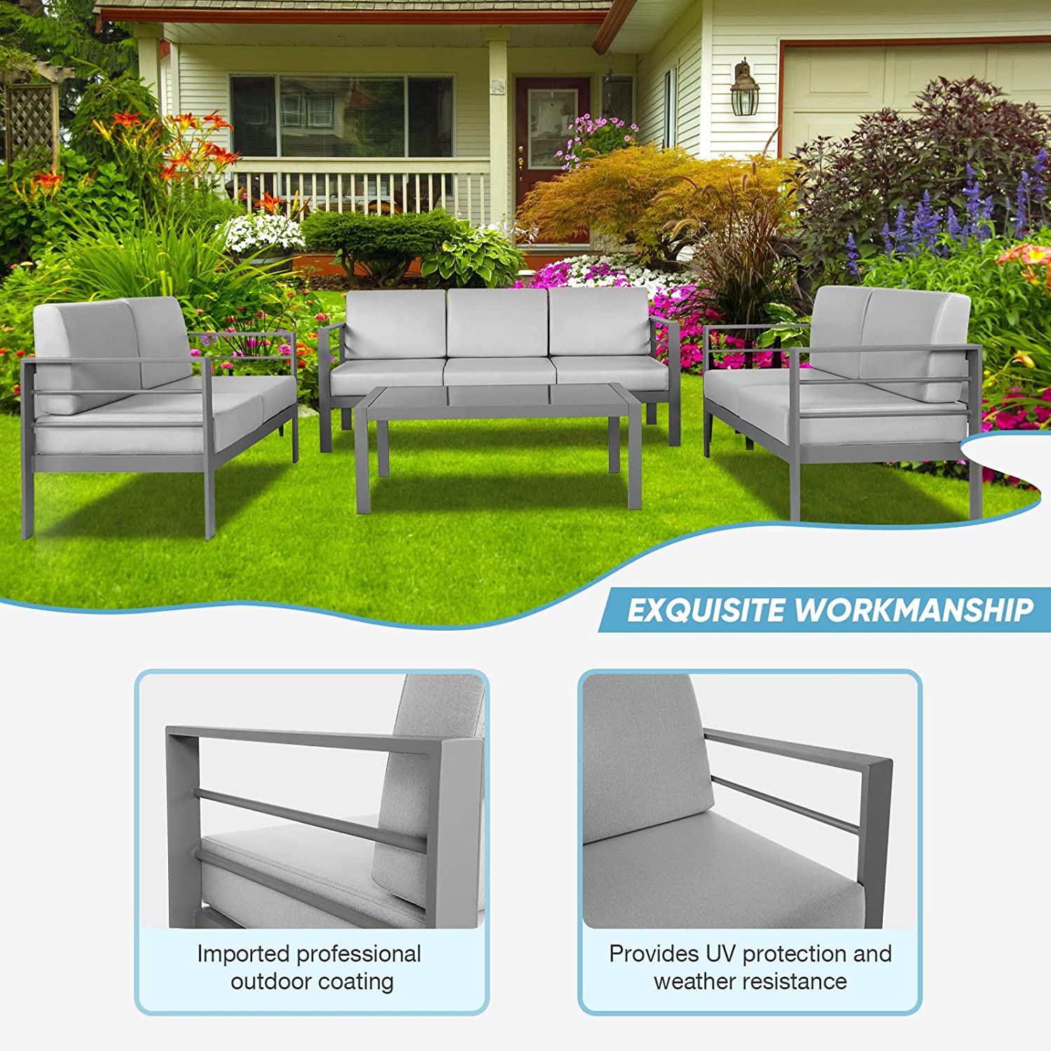 4 Pieces Metal Patio Sectional Sofa with Cushions and Coffee Table C465